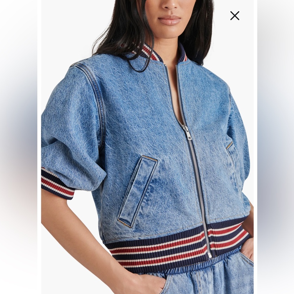 Steve Madden Denim Bomber Jacket with Striped Rib Trim, Elbow length sleeves, sm